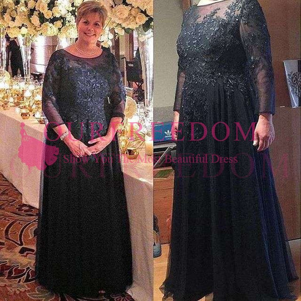 Elegant Dark Navy Blue Long Sleeve Mother Of The Bride Dresses Jewel Neck A Line Lace Appliques Plus Size Formal Evening Mother Dresses