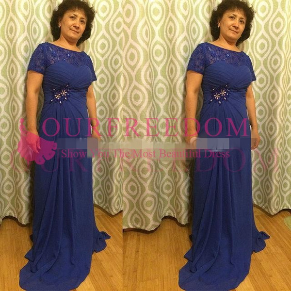 Royal Blue Long Mother of Bride Dresses Sheath Chiffon Sheer Jewel Neck Lace Short Sleeve Beaded Crystal Formal Evening Occasion Dresse