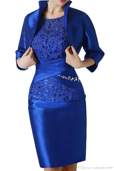 Royal Blue Lace Short Mother Formal Wear With Wrap Mother of groom Wedding Guest Dress Evening Mother Of The Bride Dress Suit Gowns