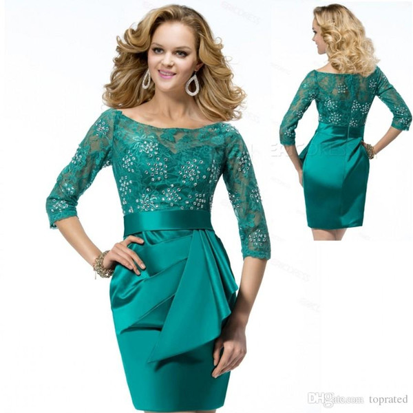 Emerald Green Lace Mother of The Bride Dresses Plus Size Half Sleeves Beaded Short Mini Wedding Evening Party Dresses