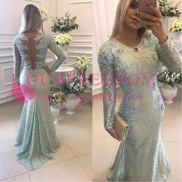 Vintage Arabic Mermaid Lace Mother Dresses Long Robe De Soiree Illsuion Back Long Sleeve Prom Dress Formal Party Gowns