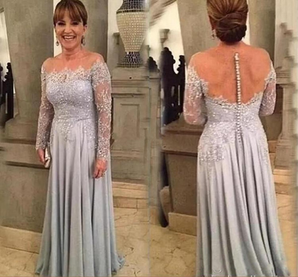 Modest off Shoulder Mother Dress Sheer Long Sleeve Mother of Bride Groom Formal Evening Gowns Appliques Beads With Button Covered Back