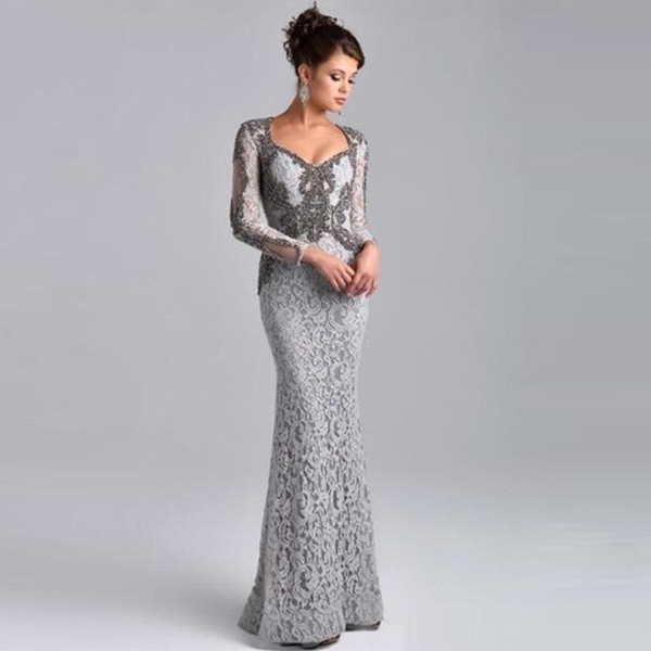 Silver Beaded Mother Of The Bride Dresses Modest Long Sleeves Lace Mothers Dresses Plus Size Formal Party Evening Gowns With Crystal