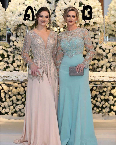 Sexy A Line Mother Of The Bride Dresses Long Sleeves Silver Lace with Appliques Beaded Chiffon Plus Size Party Dress Evening Gowns