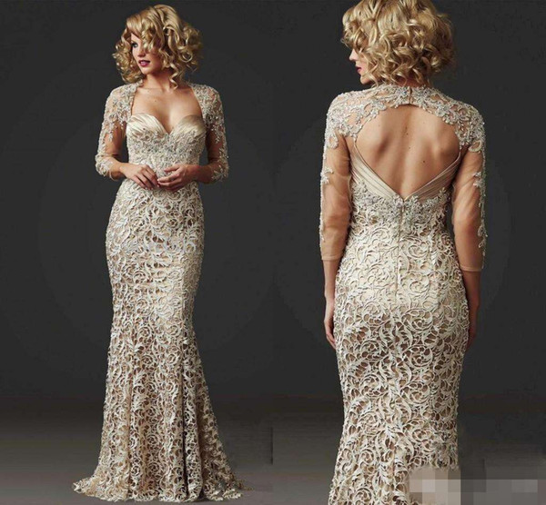 Custom Made Vintage Full Lace Mermaid Mother of the Bride Dresses Long Sleeve Formal Champagne Evening Gowns Club Dress