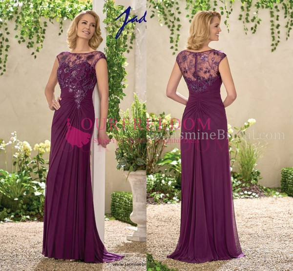 Purple Chiffon Sheer Jewel Neck Mother Dresses Floor Length Lace Appliques Sheer Back Mother Of The Bride Dresses For Garden Wedding