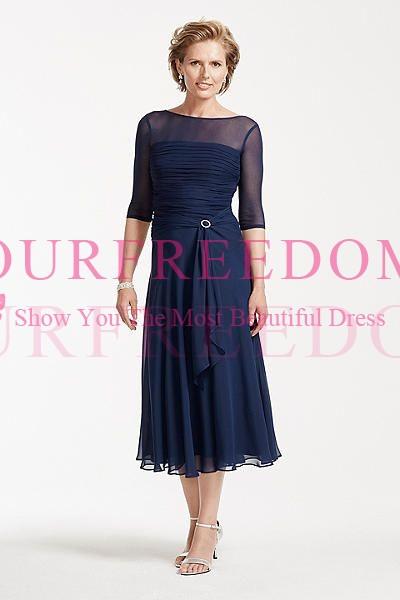 Elegant Navy Blue Mother Of The Bride Dresses 3/4 Long Sleeve Chiffon Tea Length Mother's Dresses Formal Evening Occasion Dresses