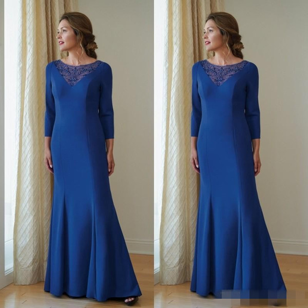 Royal Blue Mother Of The Bride Dresses Beads 3/4 Long Sleeve Dress Evening Wear Plus Size Mermaid Wedding Guest Dresses 