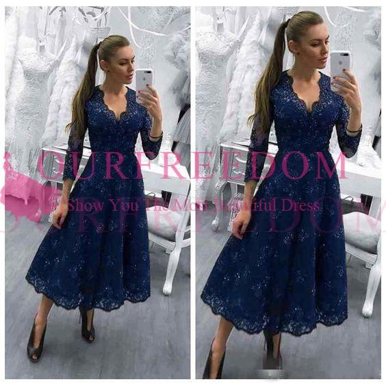 Modest Chiffon Mother Of The Bride Dresses Navy Blue Appliques Lace Long Sleeve V Neck Tea Length Formal Evening Occasion Dresses