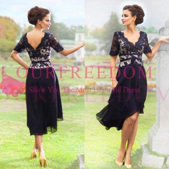 New Arrival Navy Blue Elegant Country Mother Of The Bride Dresses With Half Sleeves V Neck Lace Evening Dresses Tea Length