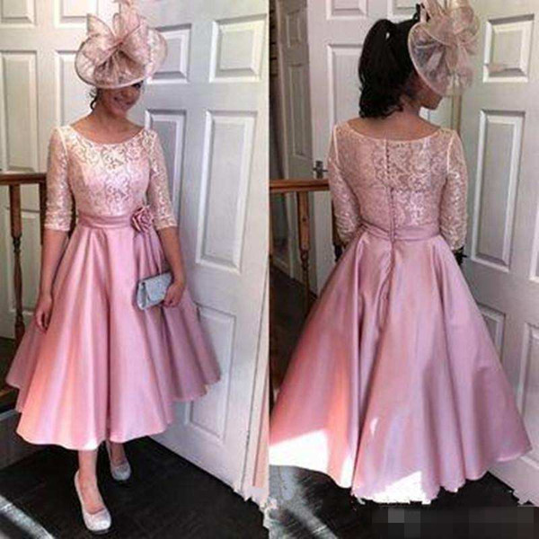 Chic Tea Length Short A Line Mother Of The Bride Dresses Half Sleeve Lace Satin Plus Size Evening Gowns Formal Wedding Guest