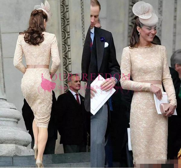 Elegant Kate Middleton Champagne Short Evening Dresses for Women Wear Knee Length Lace Long Sleeve Celebrity Cocktail Formal Gowns