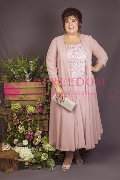 Plus Size Light Pink Mother Of The Bride Dresses Jewel Neck Lace Chiffon Tea Length With Jacket Formal Evening Occasion Dresses Custom