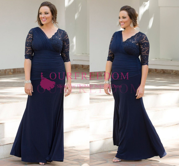 Plus Size Navy Blue Mother's Dresses 3/4 Sleeve Lace Chiffon Sheath Floor Length Mother Of The Bride Dresses Formal Evening Dresses