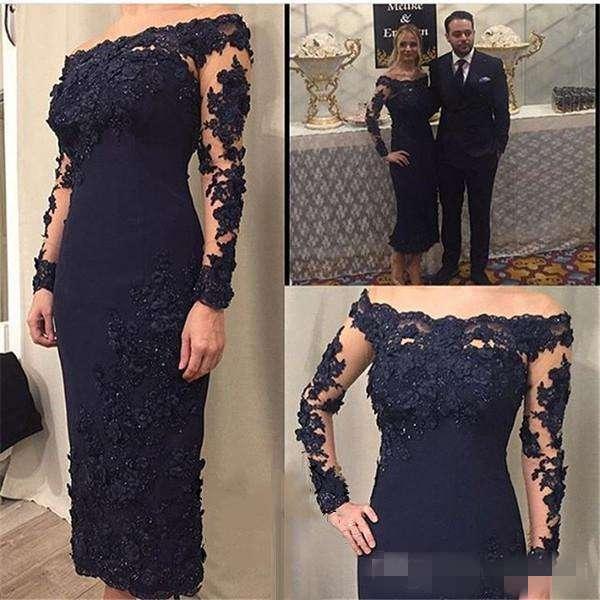 .Dark Navy Beads Mother of the Bride Dresses Long Sleeves Off The Shoulder Wedding Guest Dress Tea Length Plus Size Formal Gowns