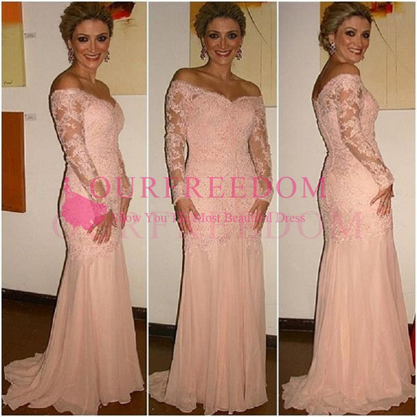 Blush/Pink Off The Shoulder Mother Of The Bride Dress Mermaid Long Sleeves Lace Appliques Women Evening Dress Custom Made