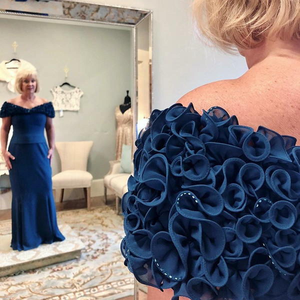 New Designer Mother of the Bride Dresses Mermaid Off-the-Shoulder Long Dark Blue Formal Evening Occasion Dresses Custom Made