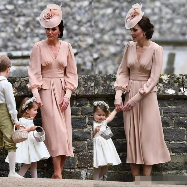 Hot Sales Chiffon mother of the bride dress long Sleeves Tea Length Vintage country V neck Dusty pink formal evening gowns guest wear