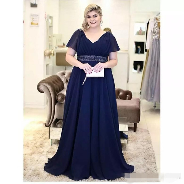 Navy Blue Plus Size Mother of the Bride Dresses Evening Wear A Line Chiffon V Neck Short Sleeve Long Special Occasion Party Dress