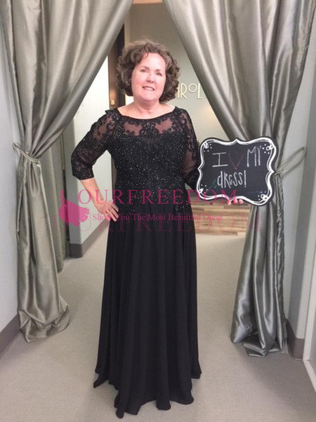 Black 3/4 Long Sleeve Mother of Bride Dresses Appliques Beaded A Line Floor Length Formal Evening Occasion Dresses Custom Made Hot Sale