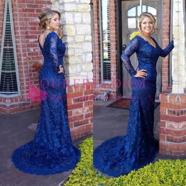 Royal Blue Full Lace Mother Of The Bride Dresses V Neck Long Sleeve Sweep Train For Garden Wedding Formal Evening Dresses Custom Made