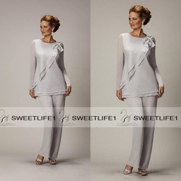 Long Sleeves Silver Mothers Pants Suit Mother of The Bride Groom Ladies Women Cheap Custom Made Beaded Chiffon Party Evening Wear