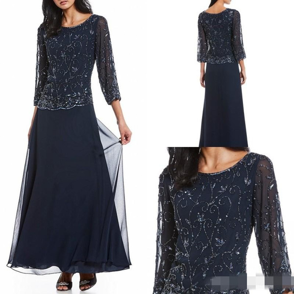 Dark Navy Long Mother Of The Bride Dresses Jewel Neck Beading Wedding Groom Dress 3/4 Sleeve A Line Formal Evening Gowns