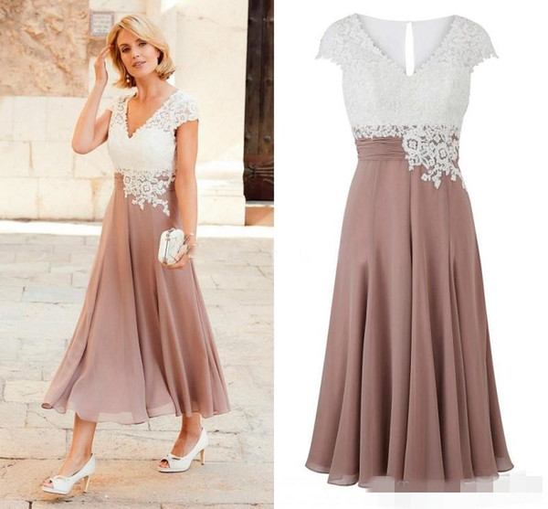 Newest Mother of the Bride Dress Deep V Neck Chiffon Tea Length Wedding Guest Dress Short Sleeves Top Lace Groom Party Gowns