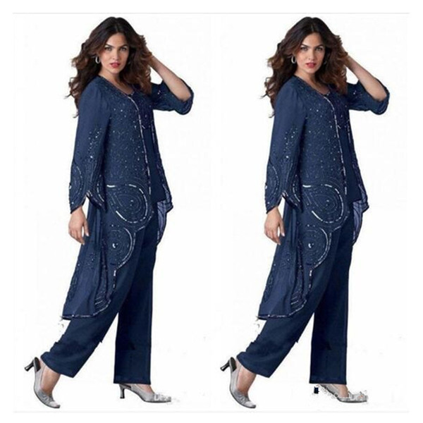 Beaded Navy Blue Mother Of Bride Pant Suits For Weddings Beaded Plus Size Groom Dress With Jacket Special Occasion Mothers Outfit Coat