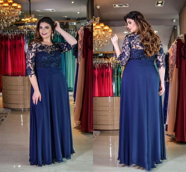 Navy Blue Plus Size Mother of Bride Groom Dresses Modest Sheer Half Sleeves Appliques Formal Mother Evening Gowns BM1678