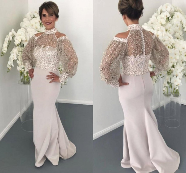 Arabic Mermaid Prom Dresses New Arrival High Neck Sheer Long Sleeves Appliques Pearls Long Formal Evening Gowns BC1737