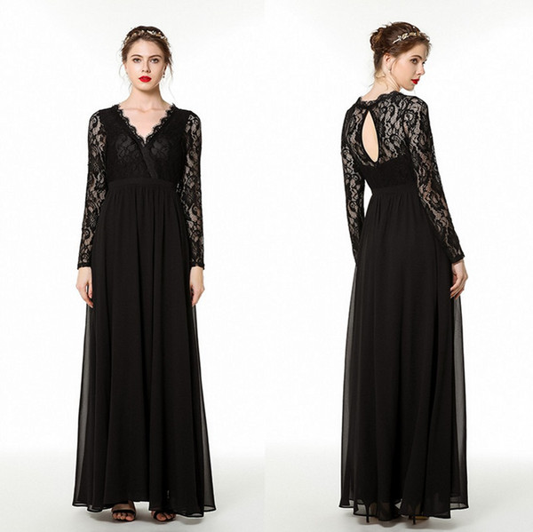 Vintage Black Lace Mother Dresses Formal A Line V Neck Sheer Long Sleeve Mother of Bride Groom Party Evening Gowns Formal CPS1480