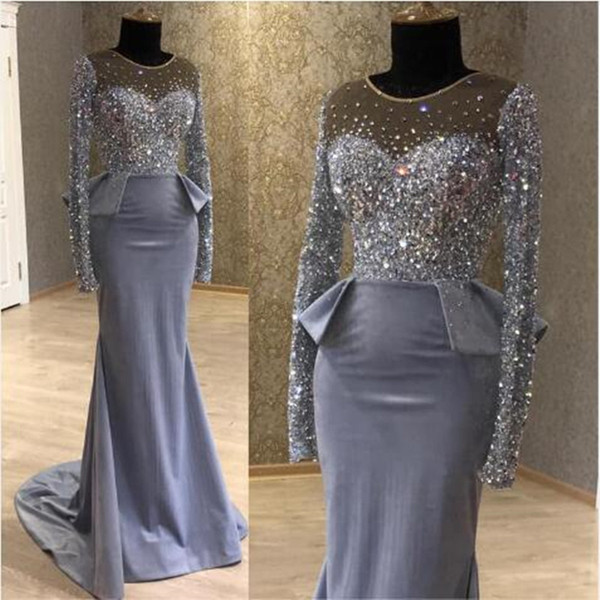 Modest Blingbling Sequined Long Sleeve Mother Dresses Formal Mermaid Evening Gowns Sheer Neck Peplum Beaded Long Robe de soriee