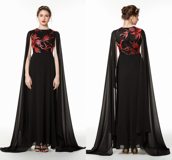 Stunning Black With Red Embroidery Mother of Bride Groom Cape Dresses A Line Jewel Neck Pleats Long Evening Prom Gowns Cheap CPS1476