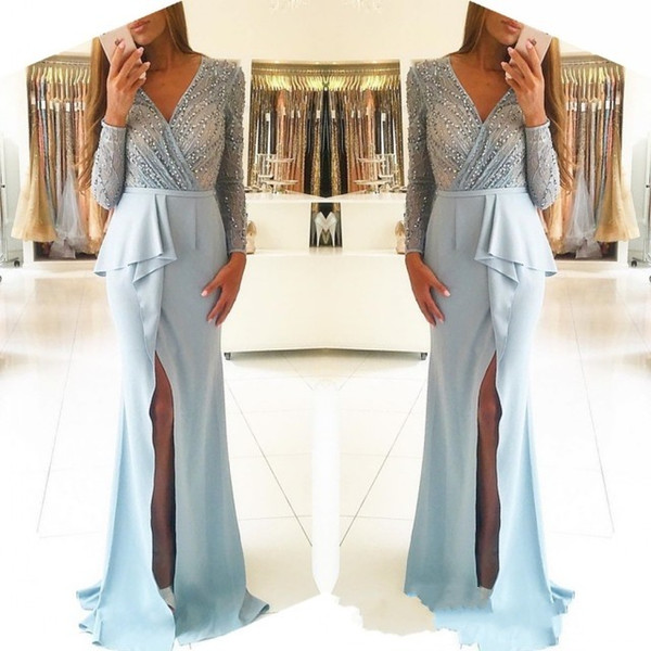 Modern New Sky Blue Mother Evening Dresses Formal Vintage Long Sleeves Beaded V Neck Sheath Split Evening Prom Gowns With Peplum