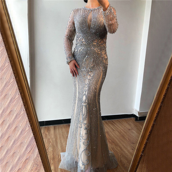 Gray Mother of Bride Groom Dresses Vintage Long Sleeve Majoring Beads Beadings Plus Size Mother Evening Gowns Formal Vestidos BM1622