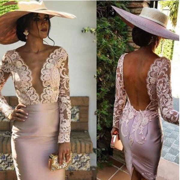 Sheath Long Sleeve Mother Dresses Sexy Open Back Lace Top Satin Knee Length Mother Occasion Party Evening Gowns Custom Made