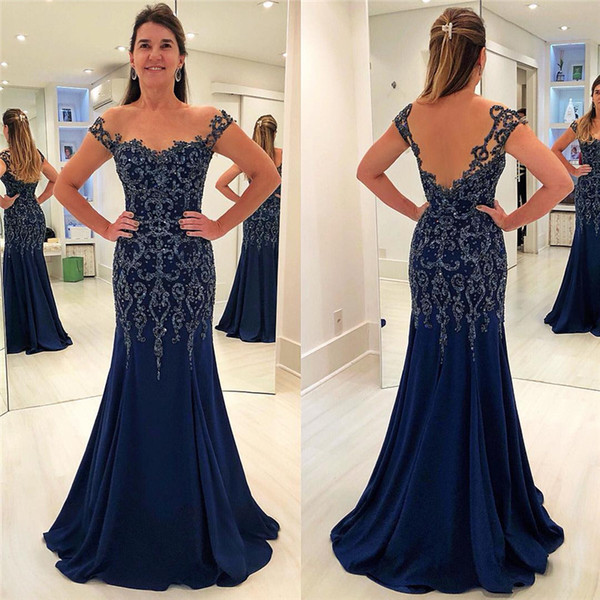 Modern Mermaid Navy Blue Mother Evening Dresses Sexy Sheer Scoop Neckline Backless Off Shoulder Appliques Sequined Long Formal Party Gowns