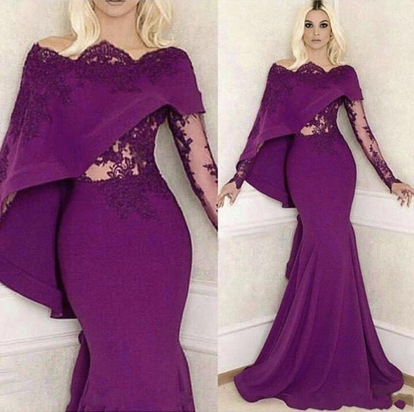 Vintage Purple Long Sleeve Mother Dresses Mermaid Off Shoulder Appliques Beads Mother Evening Gowns Formal Robes Custom Made BC2633