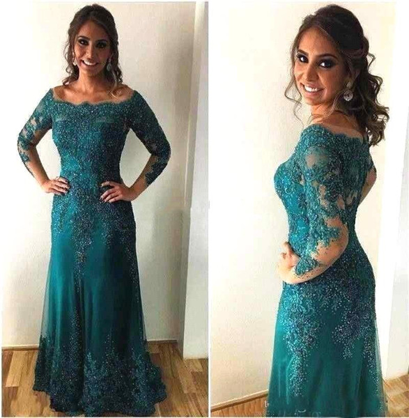 Aqua Teal Green Long Sleeve Mother Dresses Modest A Line Boat Neck Appliques Beads Long Evening Gowns Formal BC1989