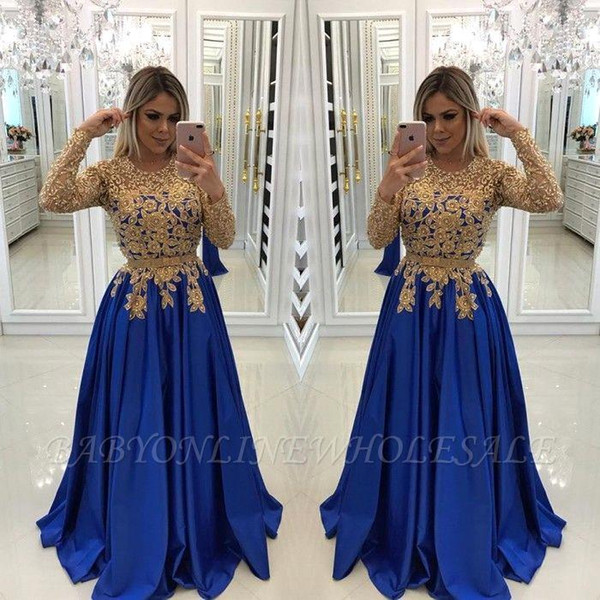 Vintage Long Sleeves Mother of The Bride Groom Dresses Gold Appliques Beaded Royal Blue Long Evening Prom Gowns Formal BC0144