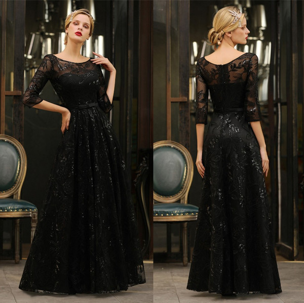 Modest Sheer 3/4 Long Sleeve Black Mother of Bride Groom Dresses Scoop Neck A Line Appliques Long Mother Formal Evening Gowns CPS1341