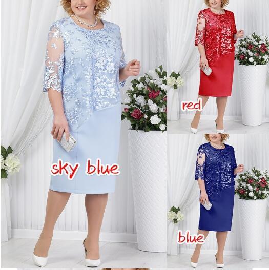 Plus Size Mother of Bride Groom Dress Sheath Lace Satin Knee Length 3/4 Long Sleeve Mother Formal Evening Prom Gowns 5XL FS7261