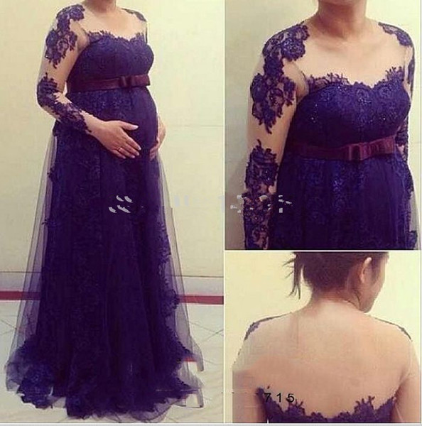 Plus Size Mother of the Bride Dress New Arrival Sheer Long Sleeve Maternity Women Evening Dress Purple Tulle Appliqued Pregnant Dress