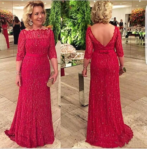 Vintage Red 3/4 Long Sleeve Mother Dresses Plus Size Mermaid Bateau Neck Backless Mother of Bride Wedding Party Evening Gowns BC1673