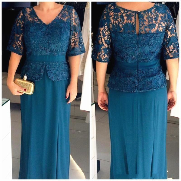 Plus Size Mother of the Bride Groom Dress V Neck Half Sleeves Lace Top With Peplum Floor Length Wedding Guest Prom Evening Gowns