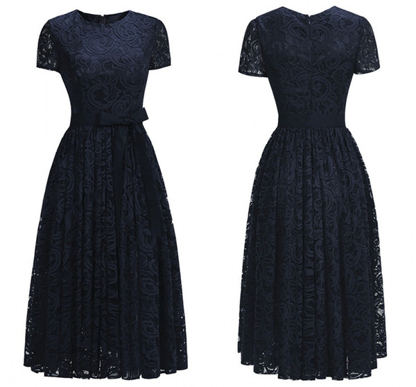 Stock Dark Navy Lace Mother of Bride Groom Dress Tea Length A Line Cap Sleeve Jewel Neck Formal Evening Prom Gowns CPS1154