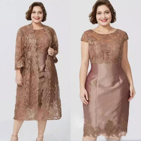 Chic Brown Short Sleeves Sheath Mother's Dresses with Full Lace Jacket Elegant Tea Length Mother of the Bride Dress Custom Made BC0279