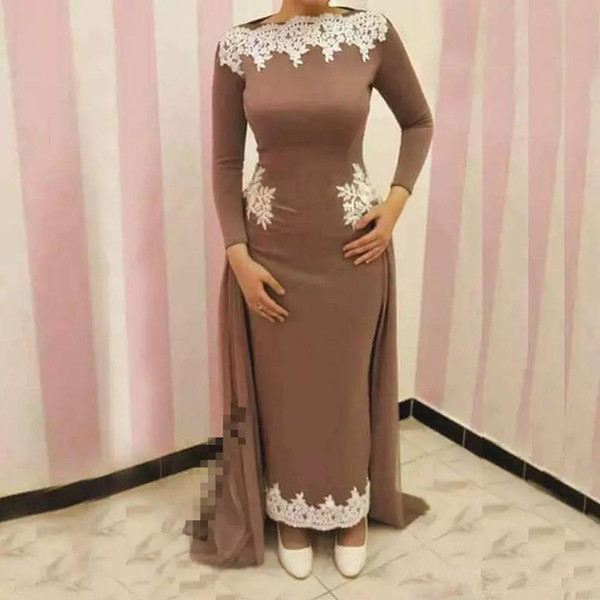 Ankle Length Mother of Bride Groom Dress with Overskirt Vintage Sheath Long Sleeves Appliques Formal Arabic Dubai Muslim Party Evening Gowns