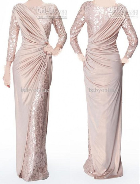 Custom Made Pearl Pink Long Sleeves Mother of Bride Evening Dresses Jewel Neck Elegant Glossy Floor Length Pleats Formal Prom Gowns